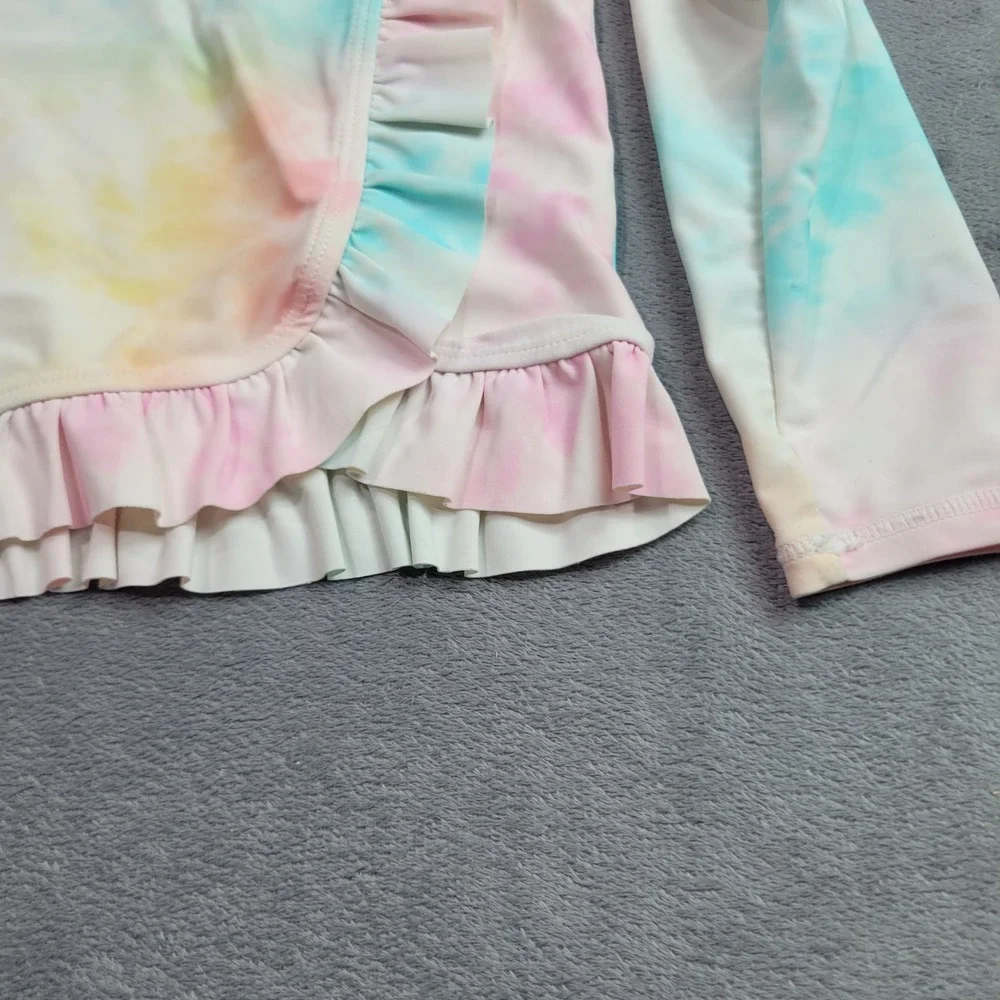 RuffleButts Girls Pastel Tie Dye Long Sleeve Ruffle Rash‎ Guard Swim Top Size 5